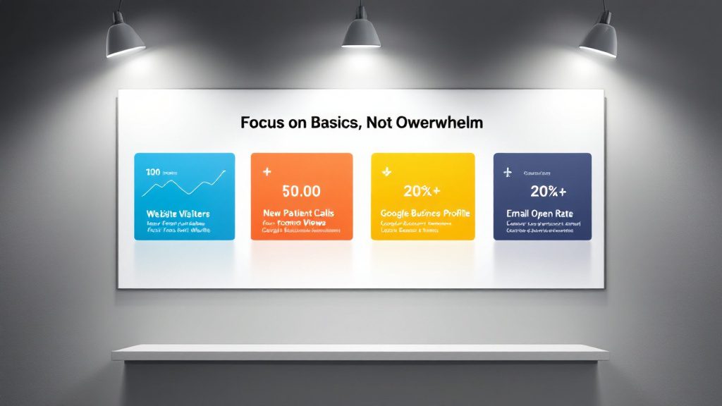 Four essential marketing metrics tracking website traffic, conversions, local visibility, and email engagement Four essential marketing metrics tracking website traffic, conversions, local visibility, and email engagement