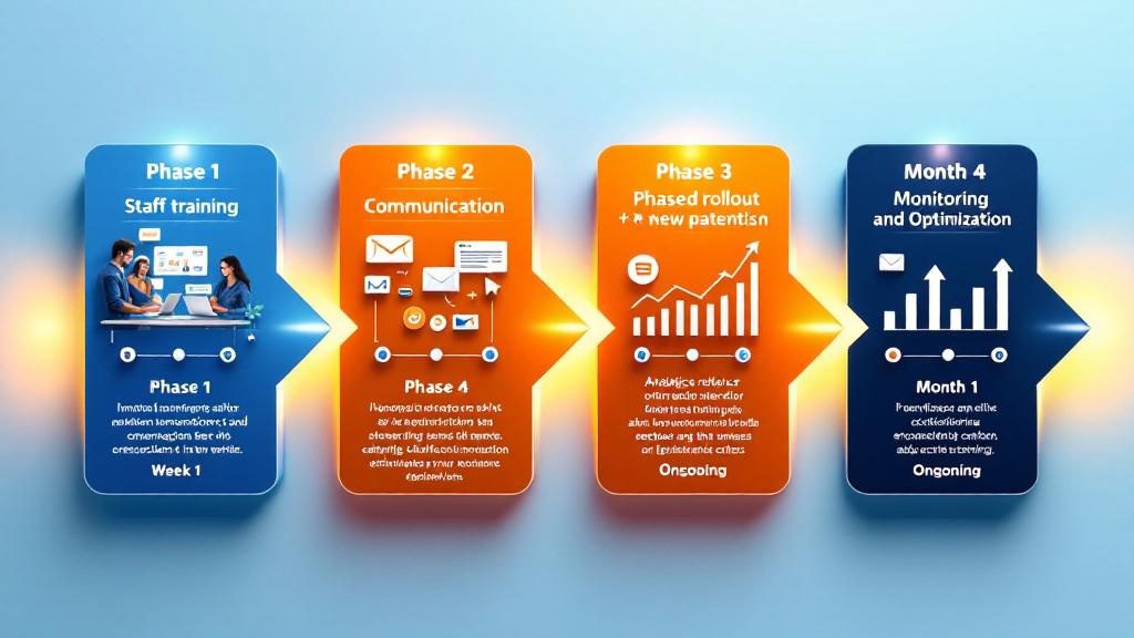 Four-phase implementation roadmap for chiropractic booking system showing training_ communication_ rollout_ and optimization stages Four-phase implementation roadmap for chiropractic booking system showing training_ communication_ rollout_ and optimization stages