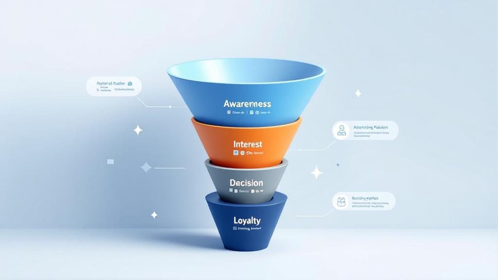 Four-stage chiropractic marketing funnel showing awareness, interest, decision, and loyalty stages with patient journey progression