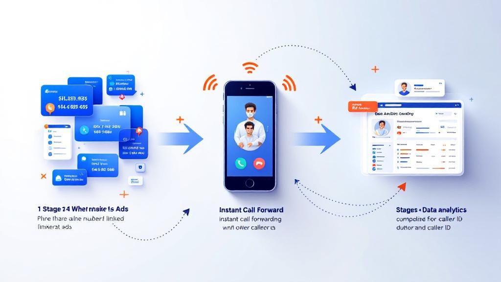 Four-step call tracking process showing number assignment_ patient call_ forwarding_ and data capture for chiropractic marketing