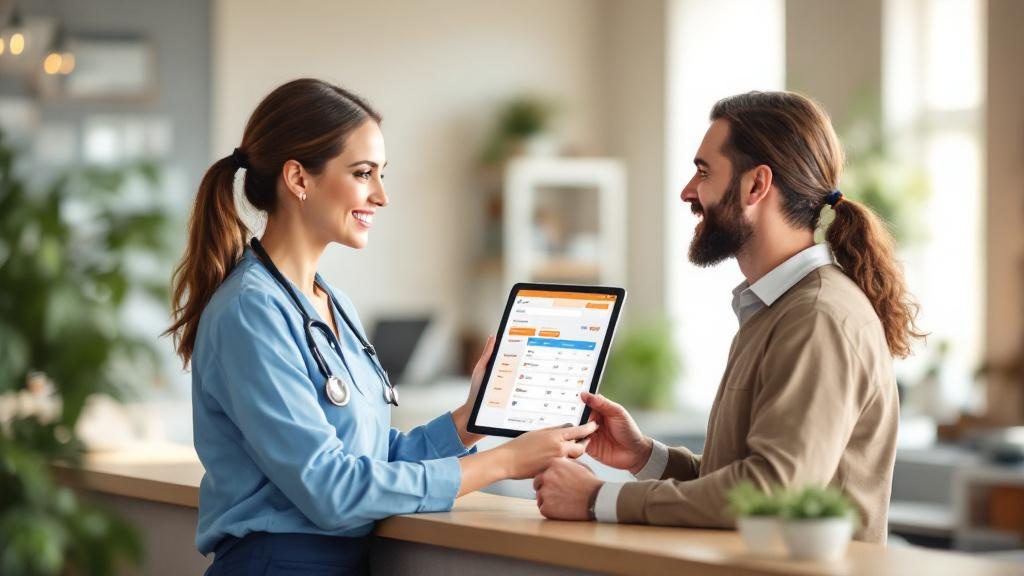 Front desk staff demonstrating online scheduling software to patient during checkout at chiropractic office Front desk staff demonstrating online scheduling software to patient during checkout at chiropractic office