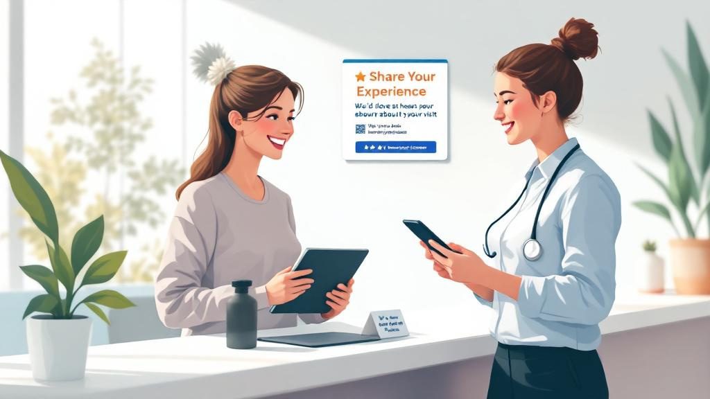 Front desk staff naturally requesting reviews from satisfied patient at checkout using QR code and simple review request system
