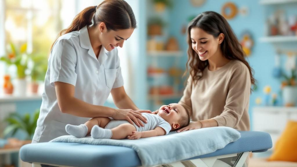 Gentle pediatric chiropractic adjustment showing safe infant care with reassured parent present in family-friendly practice environment