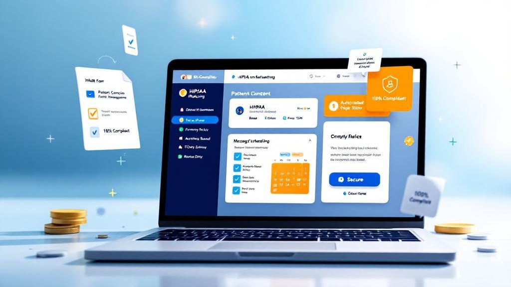 HIPAA-compliant SMS marketing platform setup showing patient consent management_ scheduling_ and compliance features for chiropractors