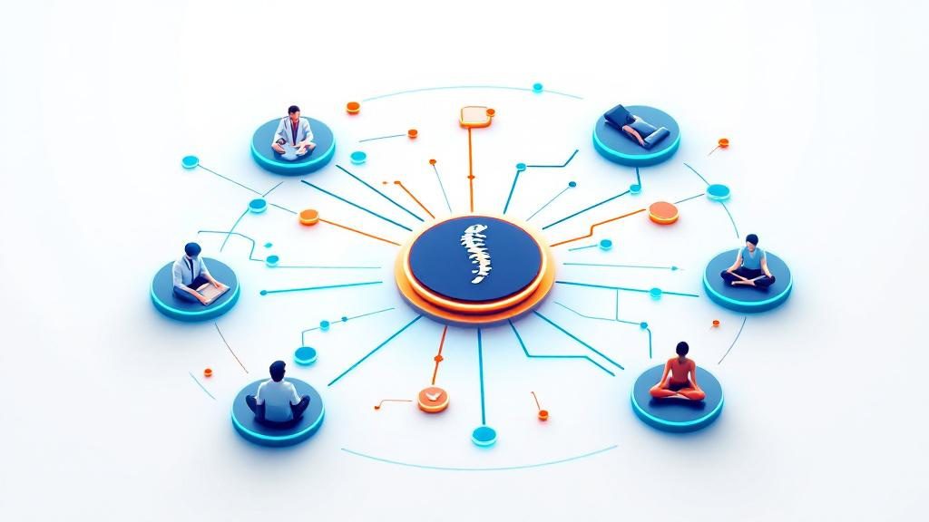 Healthcare professional referral network showing chiropractic practice partnerships with doctors, therapists, and wellness providers