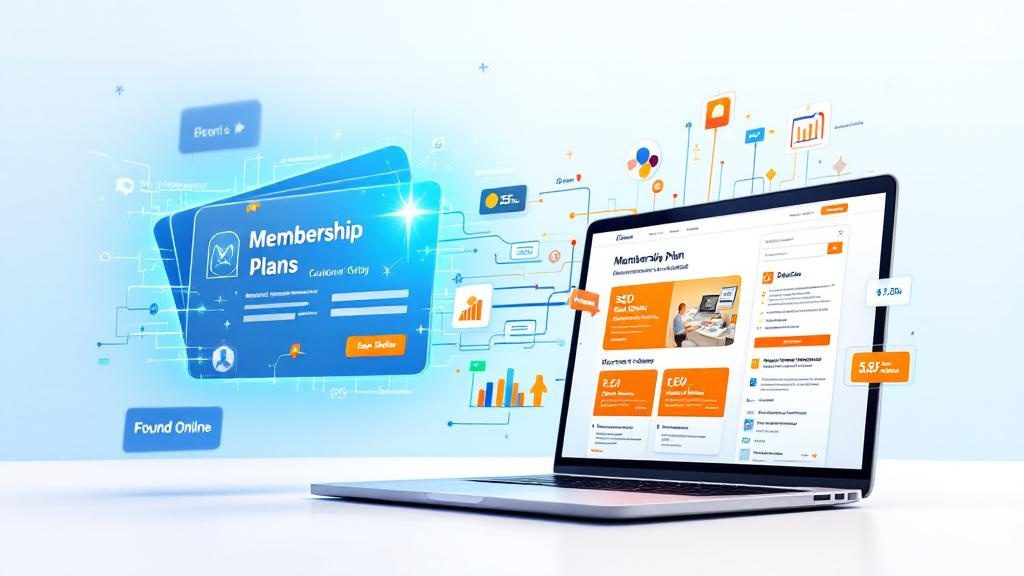 Integration of chiropractic membership plans with online marketing showing website optimization and lead generation converting to recurring members