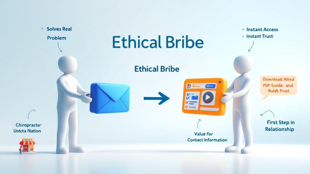 Lead magnet value exchange showing patient offering email for helpful free content in ethical trade building trust