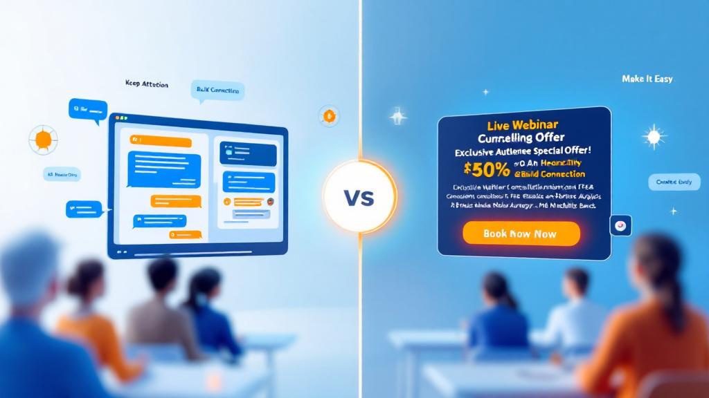 Live webinar delivery showing audience engagement tactics and compelling exclusive offer converting viewers into booked patients