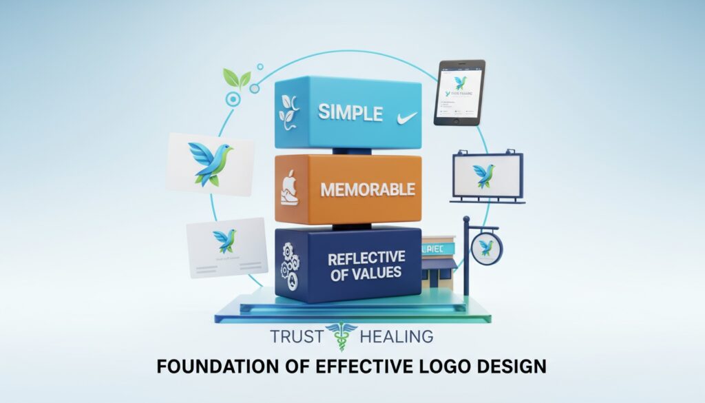 Logo design fundamentals showing simplicity, memorability, and versatility across applications