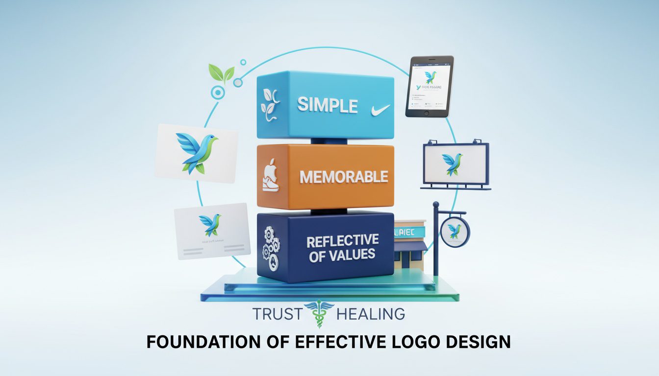 Logo design fundamentals showing simplicity, memorability, and versatility across applications Logo design fundamentals showing simplicity, memorability, and versatility across applications