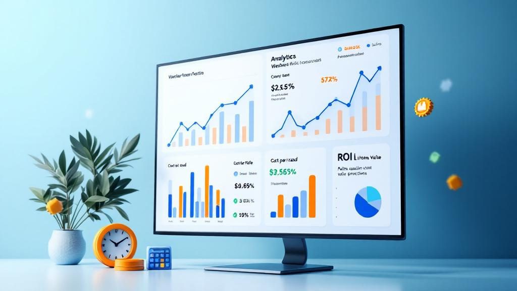 Marketing funnel analytics dashboard showing conversion rates, patient acquisition costs, and ROI metrics for chiropractic practice successRetry