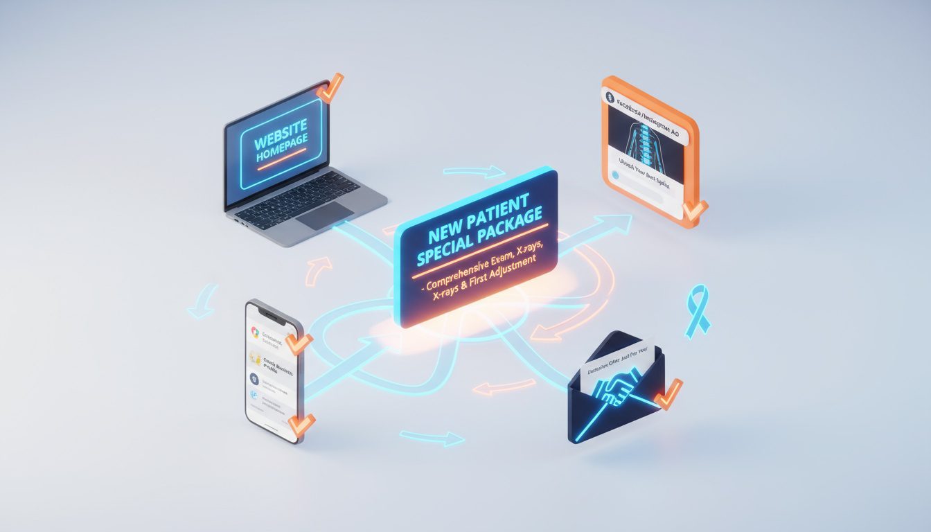 Multi-channel marketing strategy for promoting chiropractic offers across website, Google, social media, email, and community partnerships Multi-channel marketing strategy for promoting chiropractic offers across website, Google, social media, email, and community partnerships