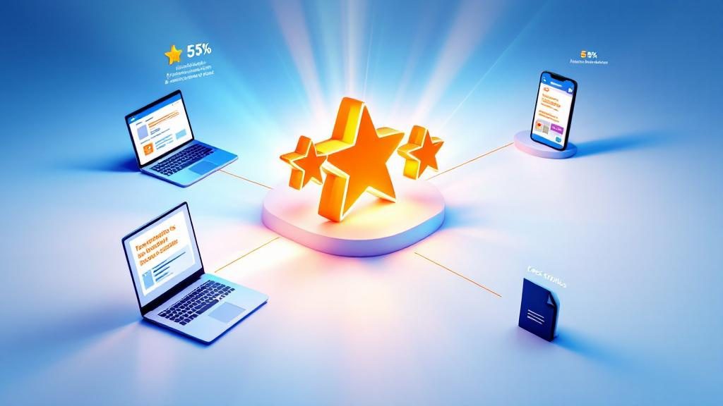 Multi-channel promotion strategy showing 5-star reviews displayed on website_ social media_ and marketing materials for maximum impact