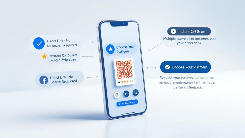 Multiple easy review methods for patients including direct links_ QR codes_ and platform choices making leaving reviews effortless