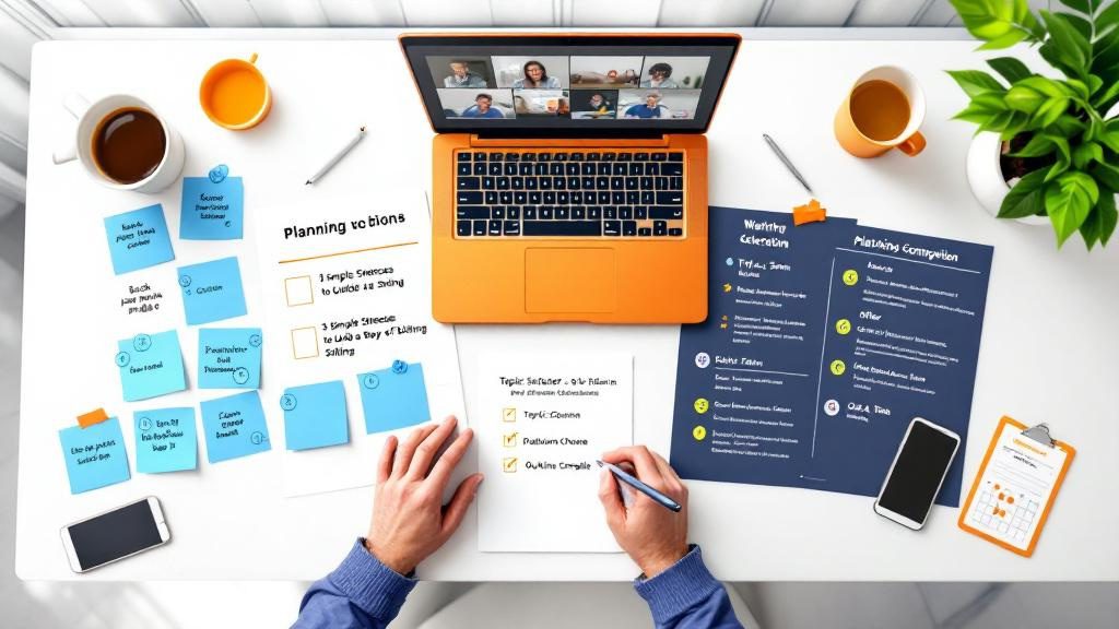 Overhead view of chiropractor's planning workspace showing topic brainstorming_ platform selection_ and presentation outline development