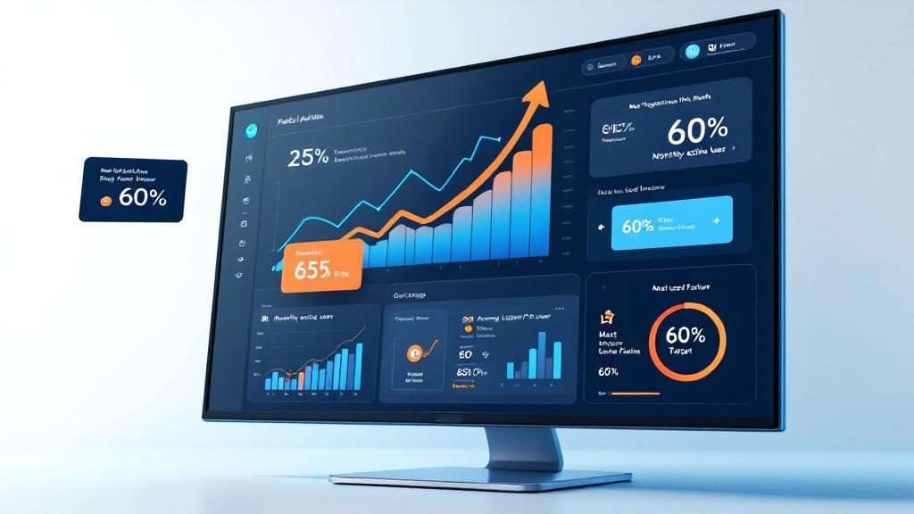 Patient portal analytics dashboard showing registration rates, active users, feature usage, and goal tracking for measuring marketing success Patient portal analytics dashboard showing registration rates, active users, feature usage, and goal tracking for measuring marketing success