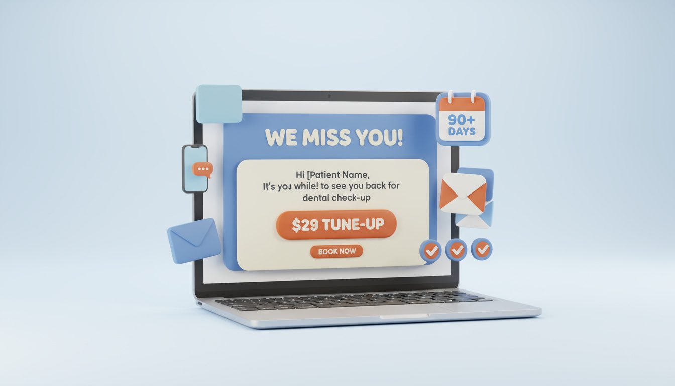 Patient reactivation campaign showing personalized we miss you outreach with special return offer for inactive chiropractic patients Patient reactivation campaign showing personalized we miss you outreach with special return offer for inactive chiropractic patients