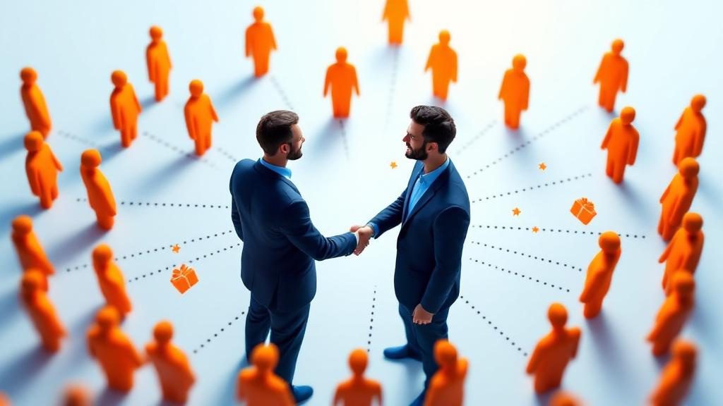 Patient referral program showing existing patients connecting new patients to chiropractic practice through word-of-mouth Patient referral program showing existing patients connecting new patients to chiropractic practice through word-of-mouth
