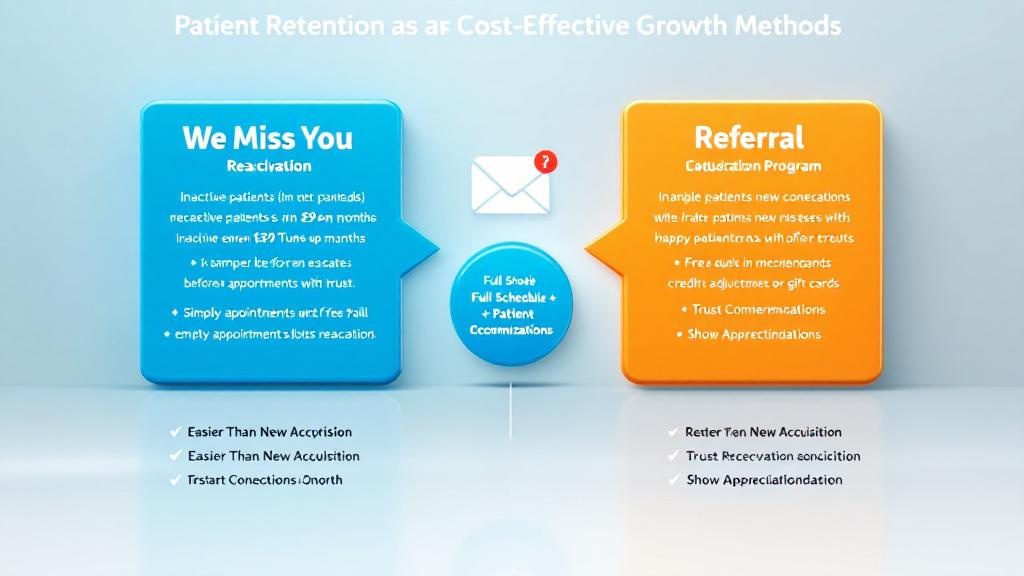 Patient retention strategies showing reactivation campaigns for lapsed patients and referral programs leveraging happy patient recommendations