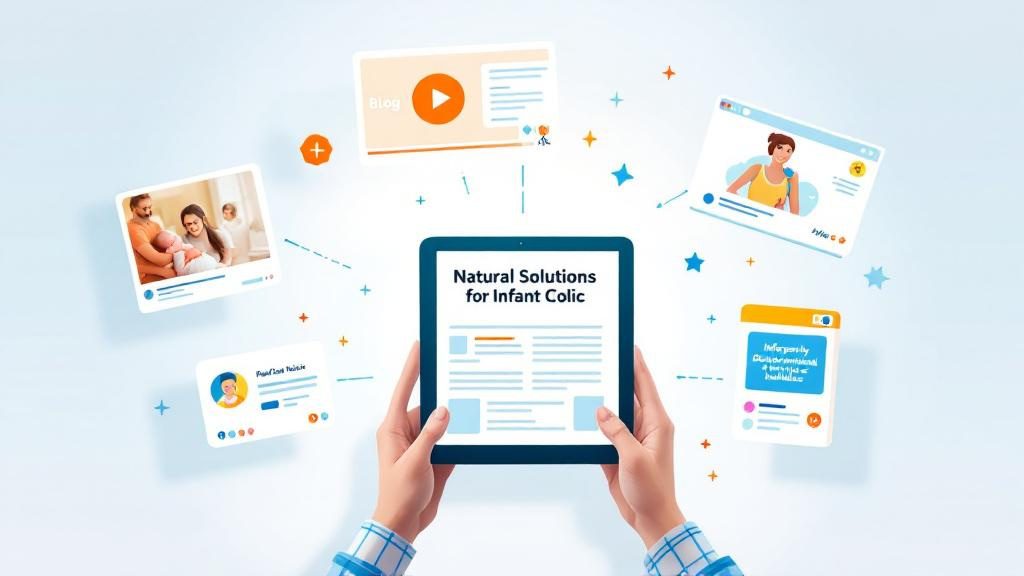 Pediatric chiropractic content marketing showing blogs, videos, and social media addressing parental concerns and childhood health issues
