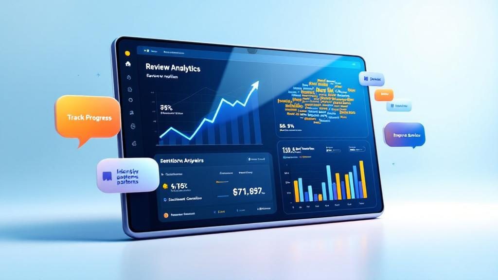 Review analytics dashboard showing volume tracking_ sentiment analysis_ and competitive comparison for data-driven practice improvement