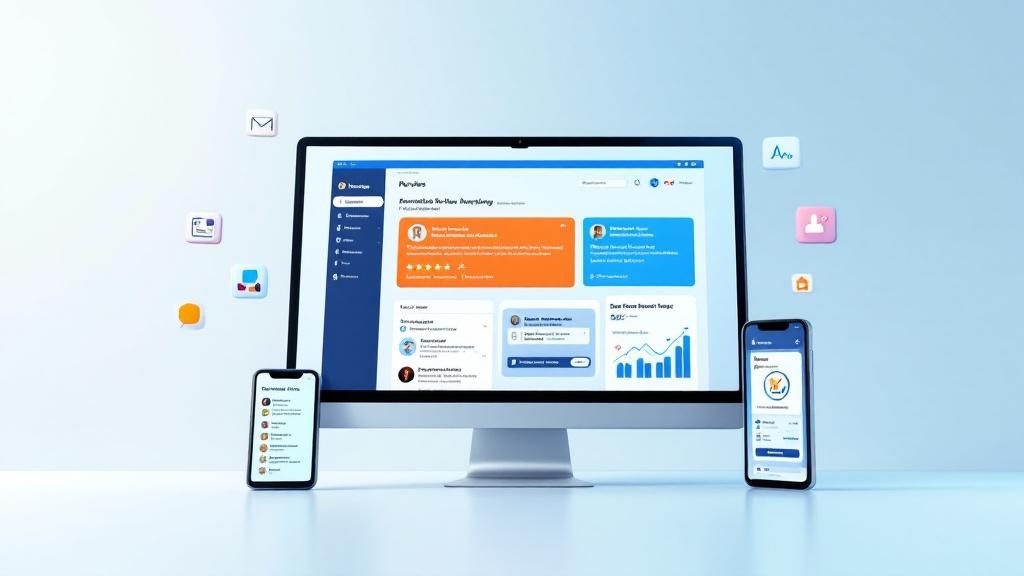 Review management technology showing automated email campaigns_ centralized monitoring_ and social media integration for systematic reputation building
