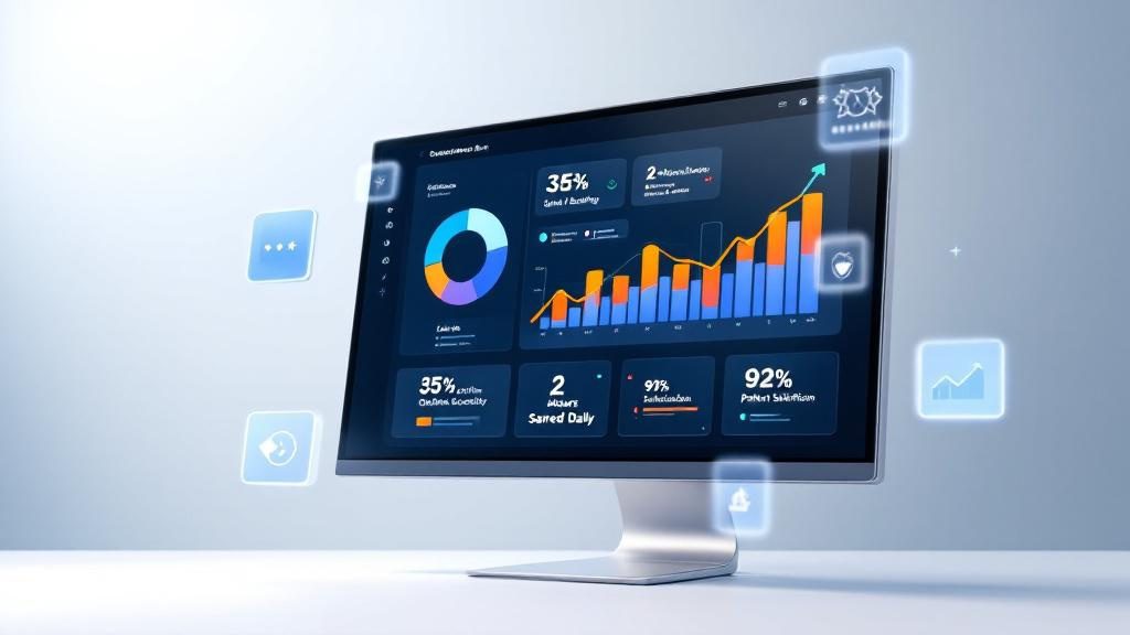 Scheduling software analytics dashboard showing online booking adoption rates, time savings, and patient satisfaction metrics for chiropractors Scheduling software analytics dashboard showing online booking adoption rates, time savings, and patient satisfaction metrics for chiropractors