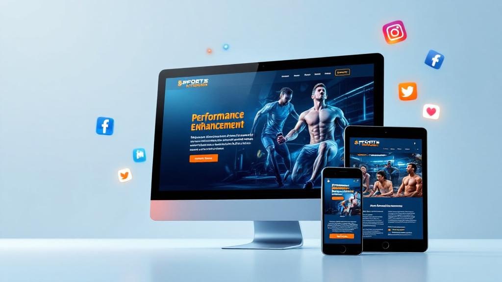 Sports chiropractic website displayed across multiple devices showing athletic-focused content and mobile-responsive design Sports chiropractic website displayed across multiple devices showing athletic-focused content and mobile-responsive design