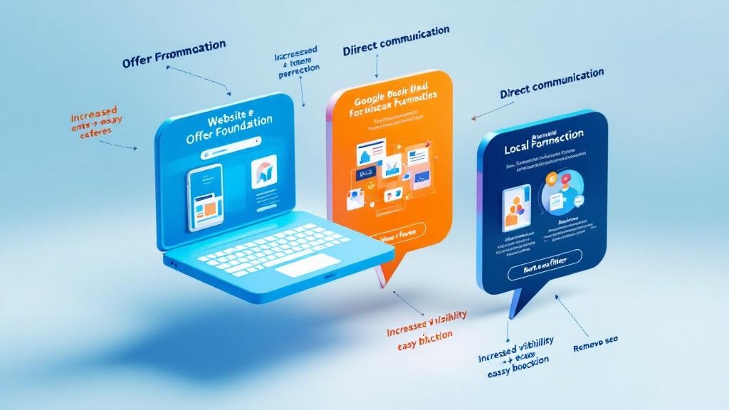 Three-channel offer marketing strategy showing website optimization, social media campaigns, and local community partnerships maximizing visibility