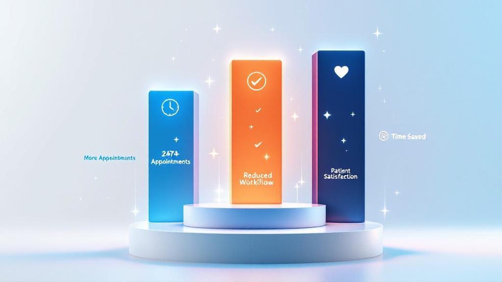 Three core benefits of chiropractic chatbot marketing showing increased appointments, reduced workload, and improved patient experience