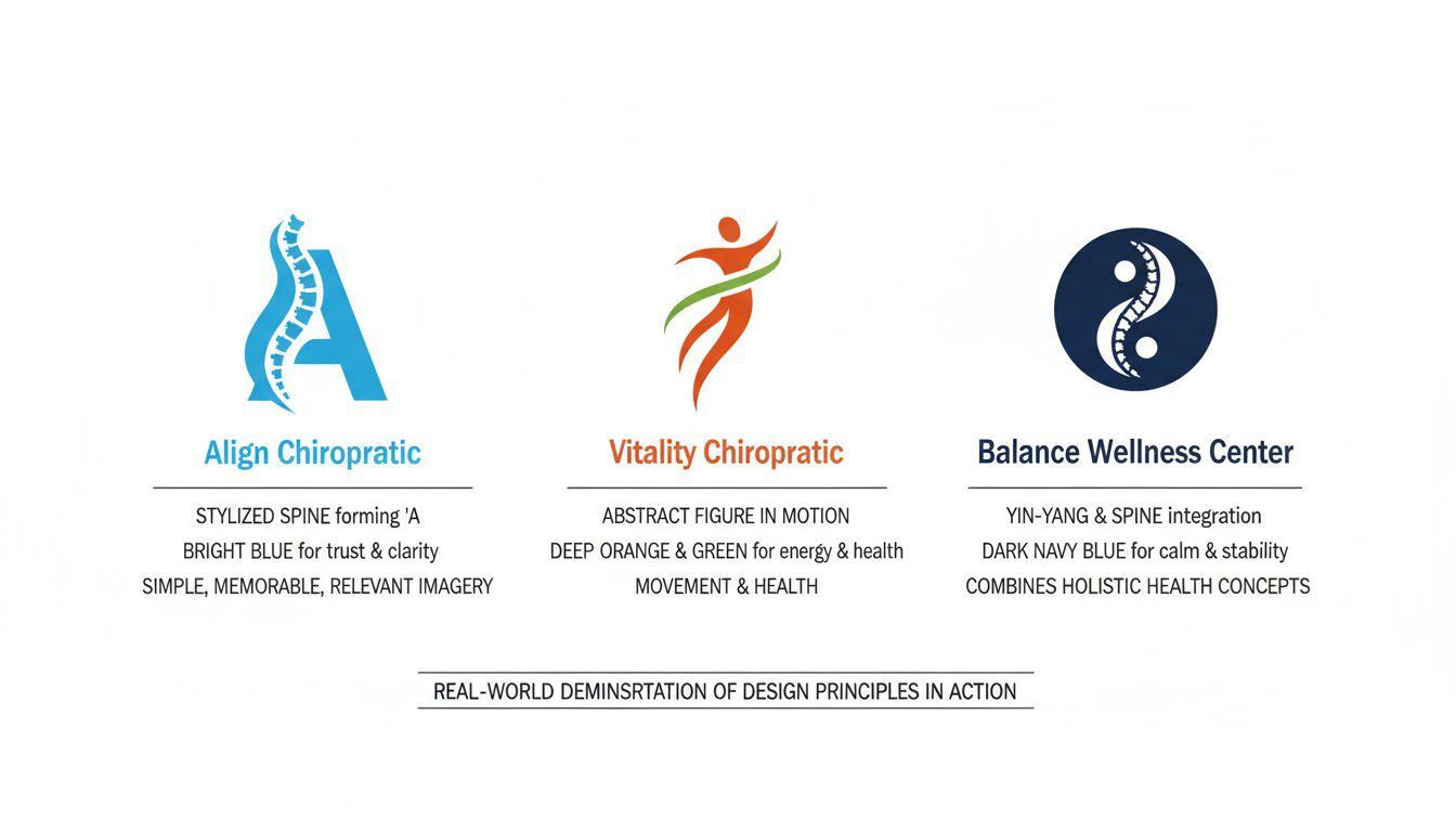 Three effective chiropractic logo examples demonstrating design principles in practice Three effective chiropractic logo examples demonstrating design principles in practice
