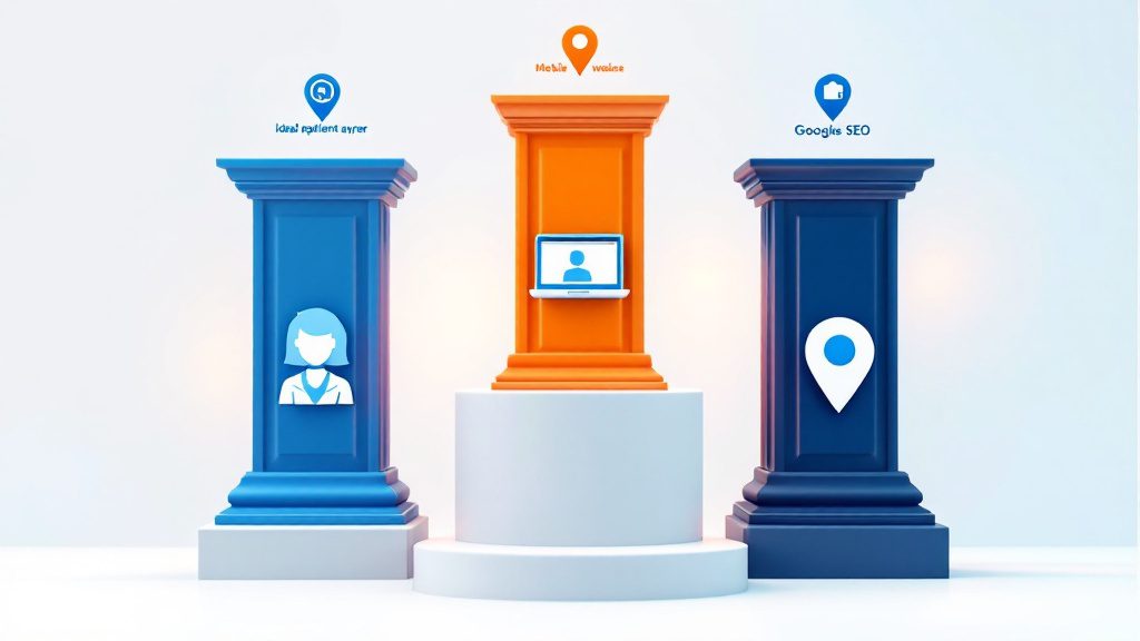 Three foundational marketing pillars for holistic chiropractic practice showing ideal patient definition, online presence, and local SEO