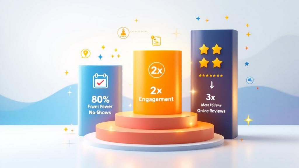 Three key benefits of chiropractic SMS marketing showing reduced no-shows_ increased engagement_ and more online reviews