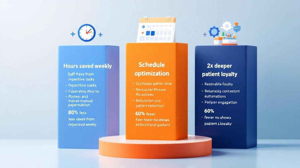 Three key benefits of email automation showing time savings, appointment optimization, and stronger patient relationships for chiropractic practices