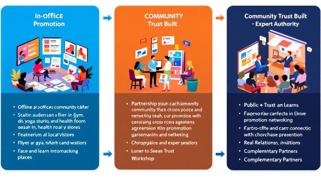 Three offline workshop promotion tactics showing in-office marketing_ community partnerships_ and public speaking opportunities