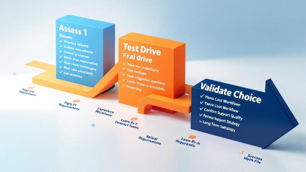 Three-stage CRM selection roadmap showing practice assessment_ free trial testing_ and final validation before purchasing