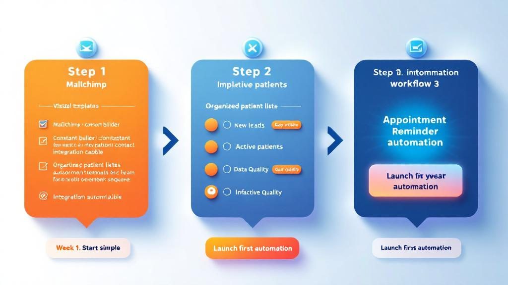 Three-step beginner roadmap for implementing email automation showing tool selection, list segmentation, and launching first automation sequence