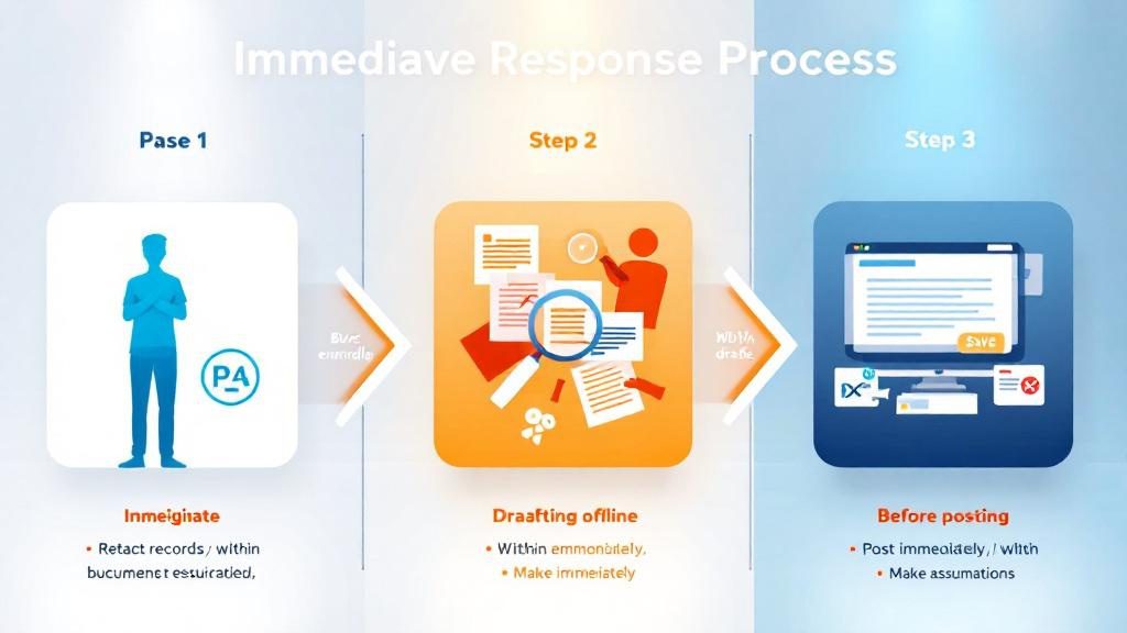 Three-step immediate action plan for responding to negative reviews showing pause_ investigate_ and draft response strategy