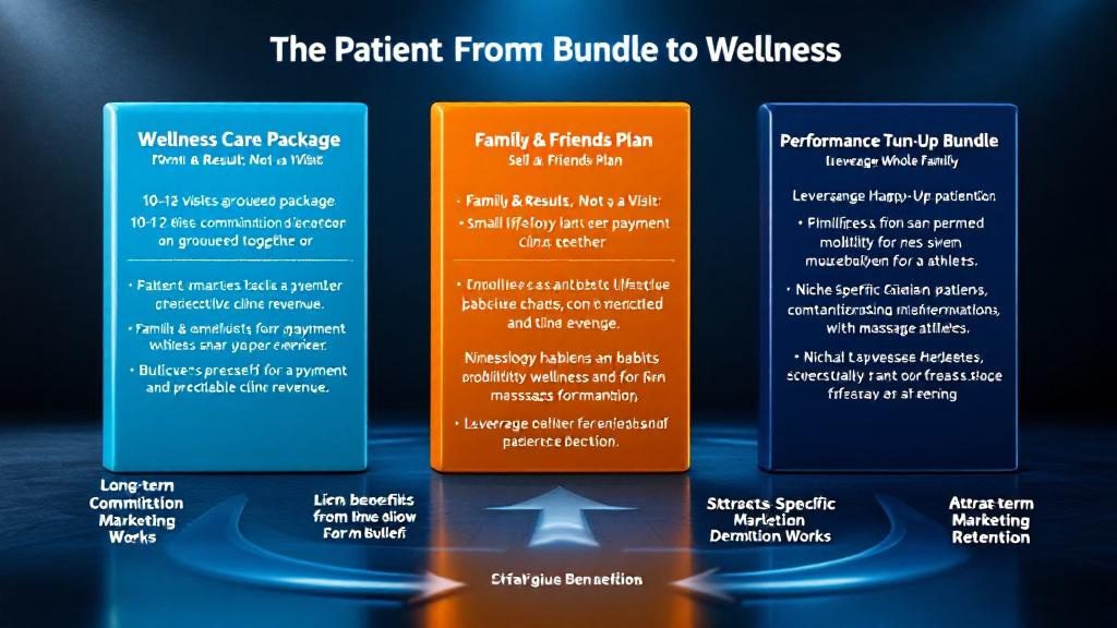 Three strategic bundle offers showing wellness packages, family plans, and performance tune-ups converting patients from pain relief to ongoing care