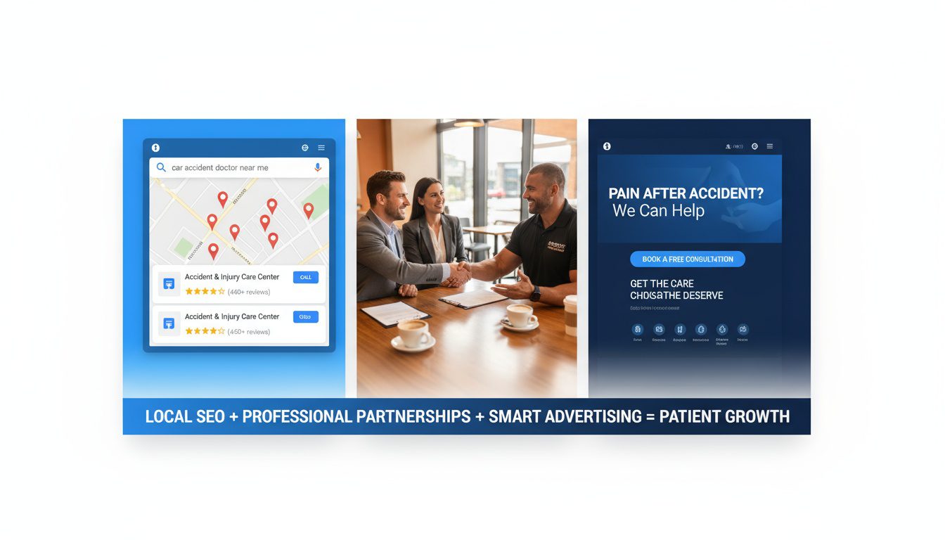 Three strategies attracting auto accident patients through local search, professional networks, and targeted advertising Three strategies attracting auto accident patients through local search, professional networks, and targeted advertising