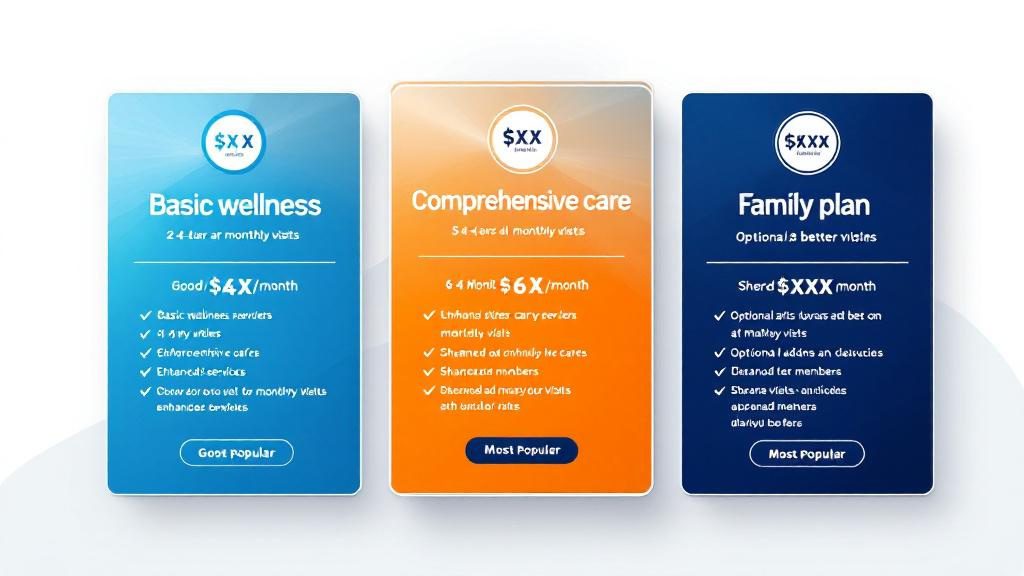 Three-tier chiropractic membership structure showing basic_ comprehensive_ and family plan options with clear pricing and benefits
