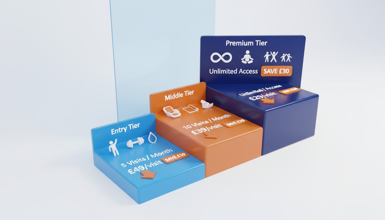 Three-tier wellness package structure for chiropractic patients showing increasing value and commitment levels Three-tier wellness package structure for chiropractic patients showing increasing value and commitment levels