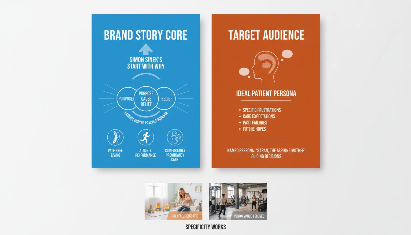 Two brand building essentials showing core story and specific target audience definition Two brand building essentials showing core story and specific target audience definition