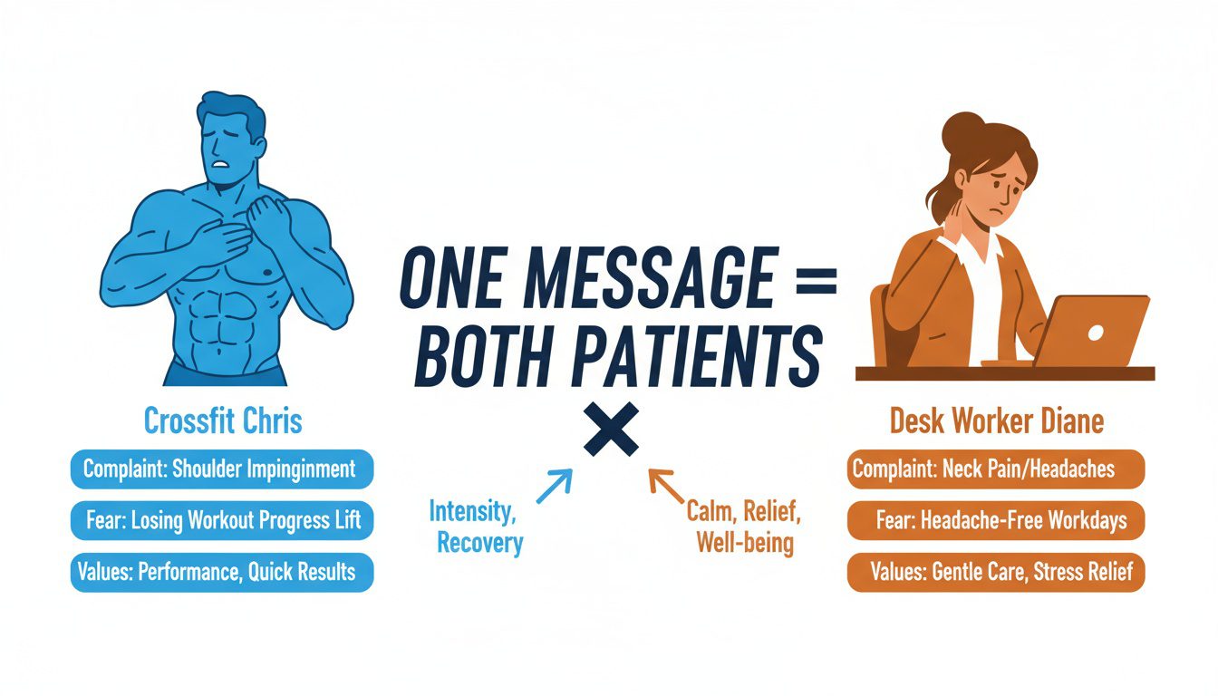 Two different patient avatars showing why chiropractic messaging must target specific audiences Two different patient avatars showing why chiropractic messaging must target specific audiences