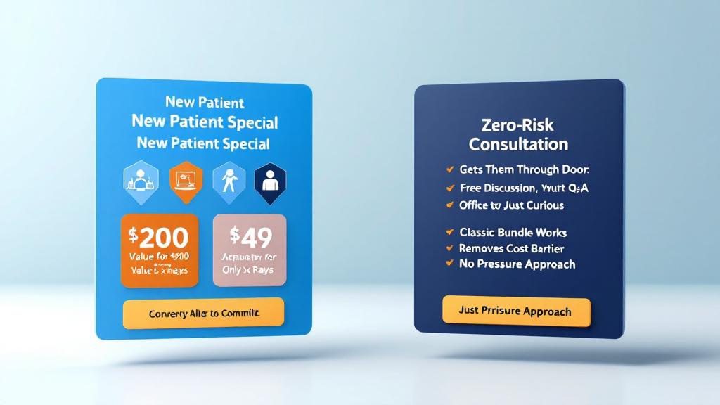 Two new patient offers comparing bundled special package for ready prospects versus zero-risk consultation for cautious consumers