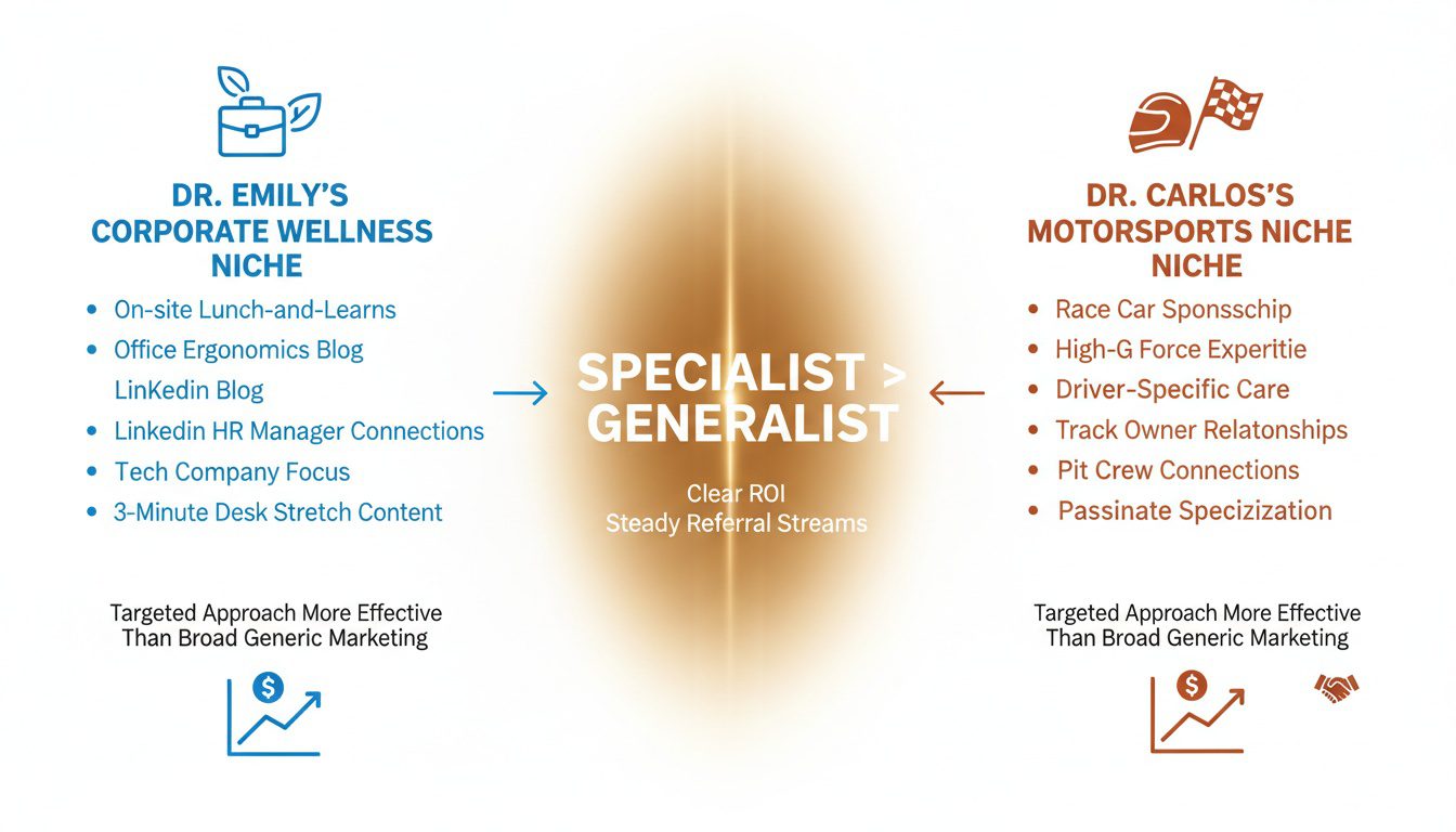 Two real-world chiropractic niche marketing success stories showing corporate wellness and motorsports specialization Two real-world chiropractic niche marketing success stories showing corporate wellness and motorsports specialization