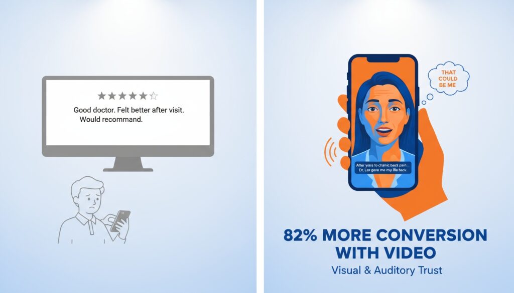 Video testimonials creating emotional connection and trust surpassing written text reviews