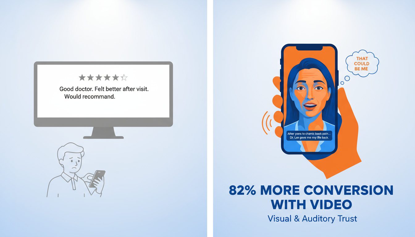 Video testimonials creating emotional connection and trust surpassing written text reviews