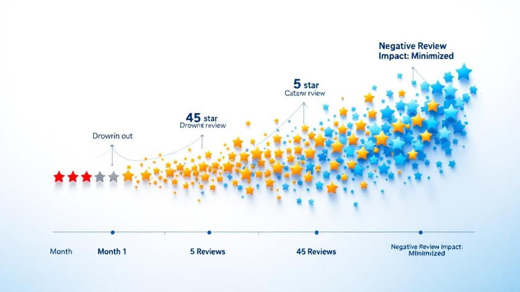 Visual timeline showing negative reviews being overwhelmed by consistent positive review generation in reputation repair strategy