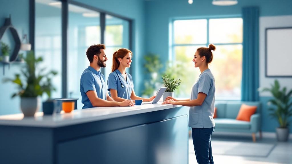 Welcoming first patient experience at chiropractic reception with friendly staff greeting creating positive initial impression Welcoming first patient experience at chiropractic reception with friendly staff greeting creating positive initial impression
